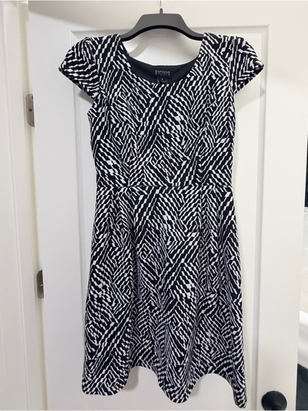 Enfocus Studio Black and White Geometric Fit-and-Flare Mini Dress